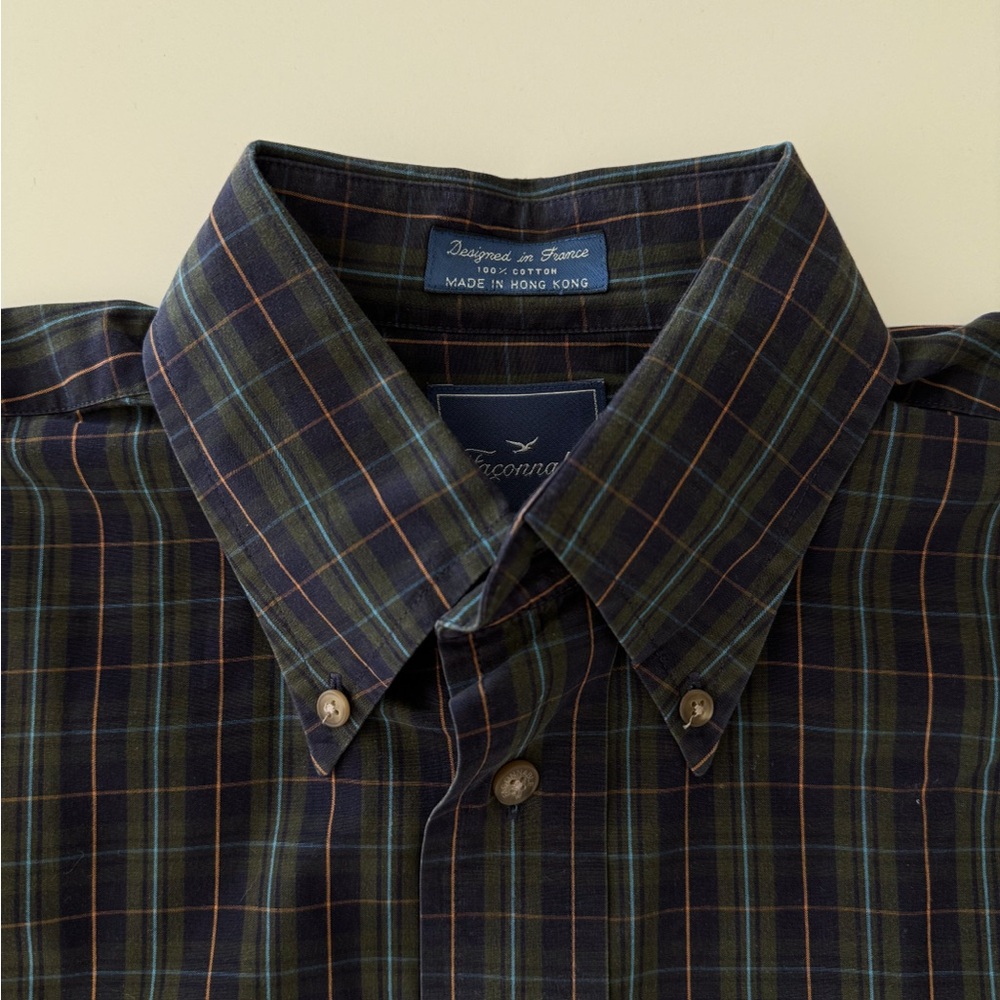 Faconnable Navy and Green Plaid Button Down Shirt sz S